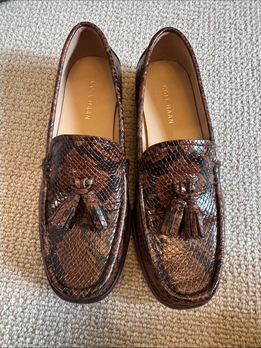 Cole Haan Brown Snake-Print Tassel Loafers